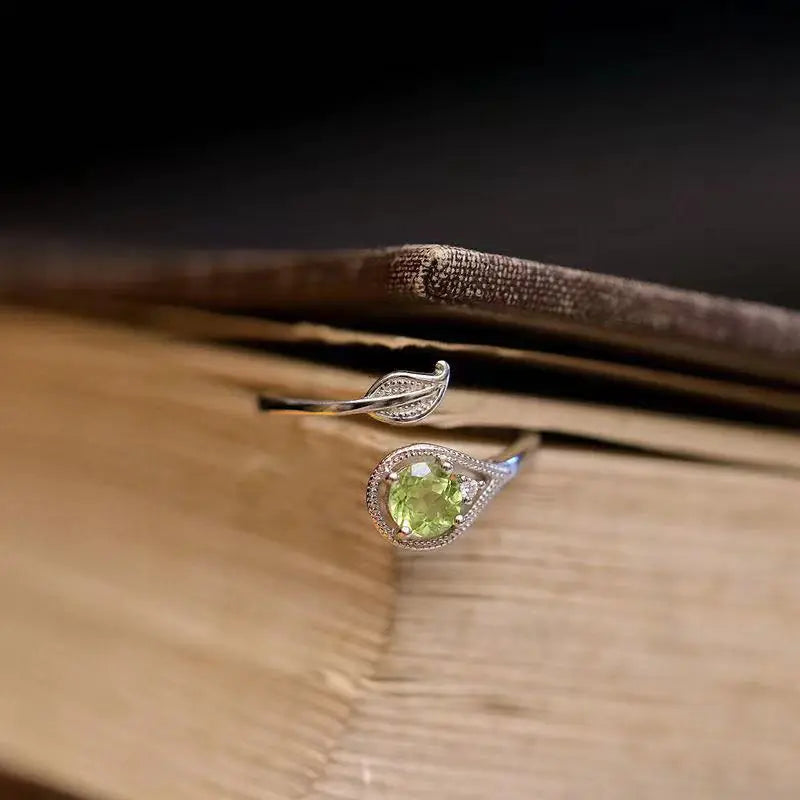 Olivine Green Leaf Ring – Elegant Adjustable Nature Jewelry