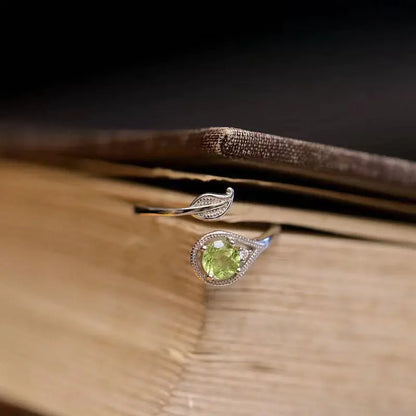 Olivine Green Leaf Ring – Elegant Adjustable Nature Jewelry