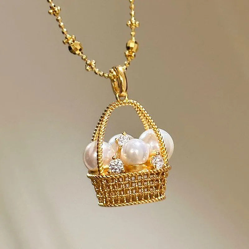 Gold Flower Basket Pearl Necklace – Elegant Wedding & Fashion Jewelry