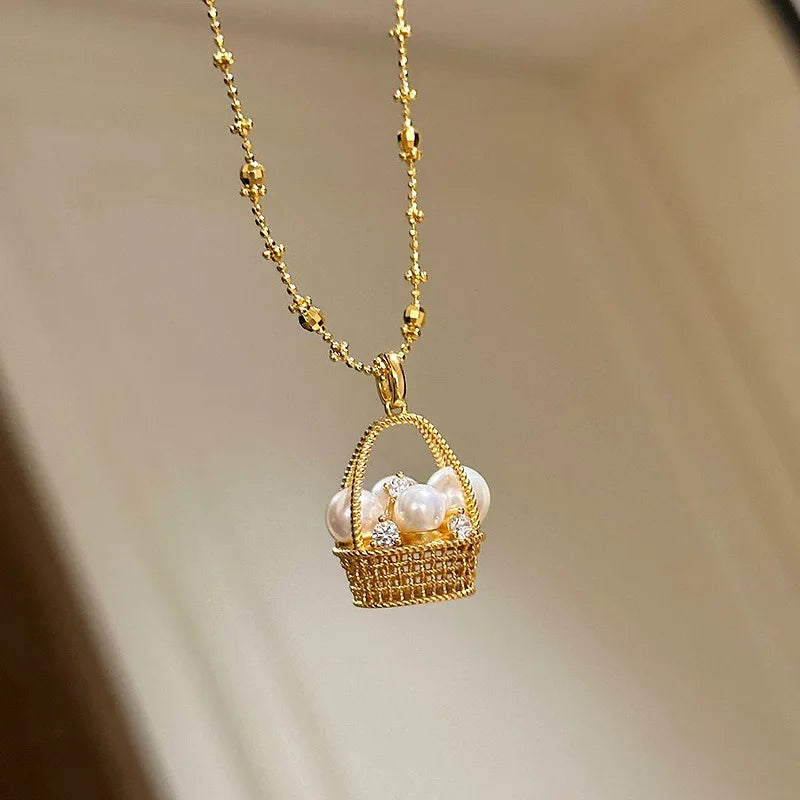 Gold Flower Basket Pearl Necklace – Elegant Wedding & Fashion Jewelry