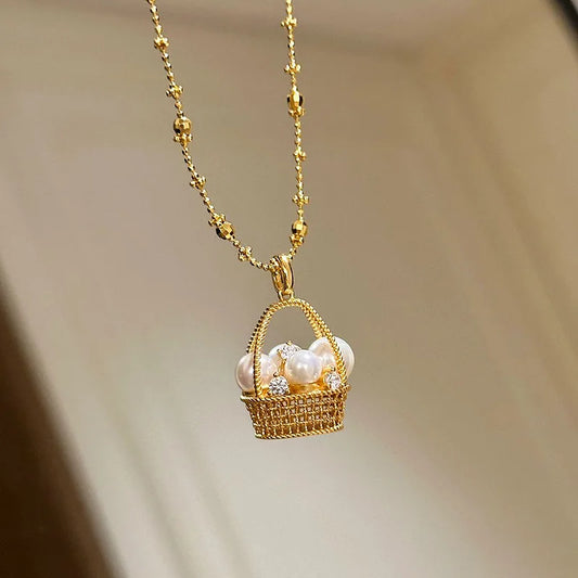 Gold Flower Basket Pearl Necklace – Elegant Wedding & Fashion Jewelry