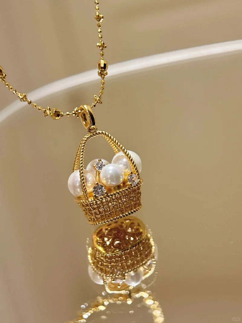 Gold Flower Basket Pearl Necklace – Elegant Wedding & Fashion Jewelry