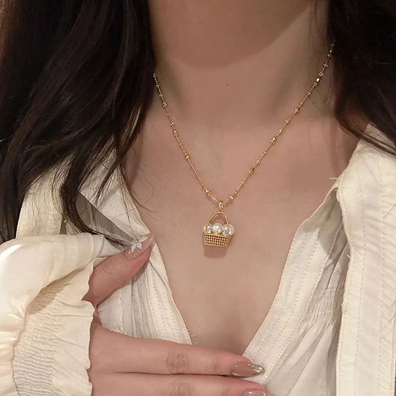 Gold Flower Basket Pearl Necklace – Elegant Wedding & Fashion Jewelry