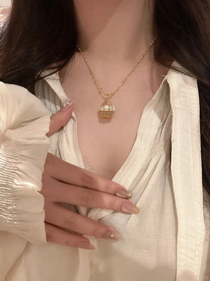 Gold Flower Basket Pearl Necklace – Elegant Wedding & Fashion Jewelry