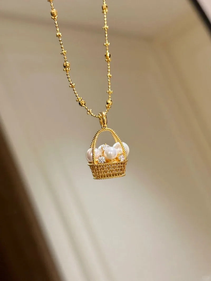 Gold Flower Basket Pearl Necklace – Elegant Wedding & Fashion Jewelry