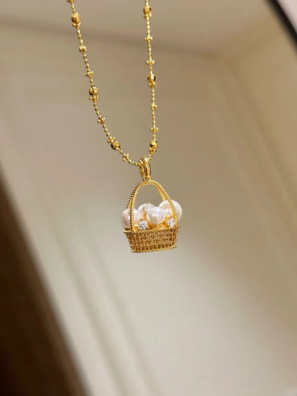 Gold Flower Basket Pearl Necklace – Elegant Wedding & Fashion Jewelry