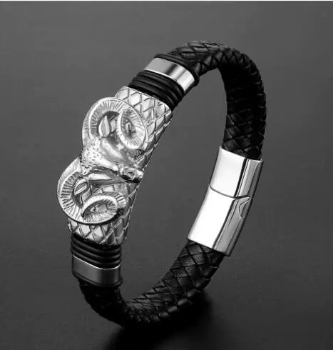 Men’s Constellation Stainless Steel Leather Bracelet – Luxury Zodiac Design