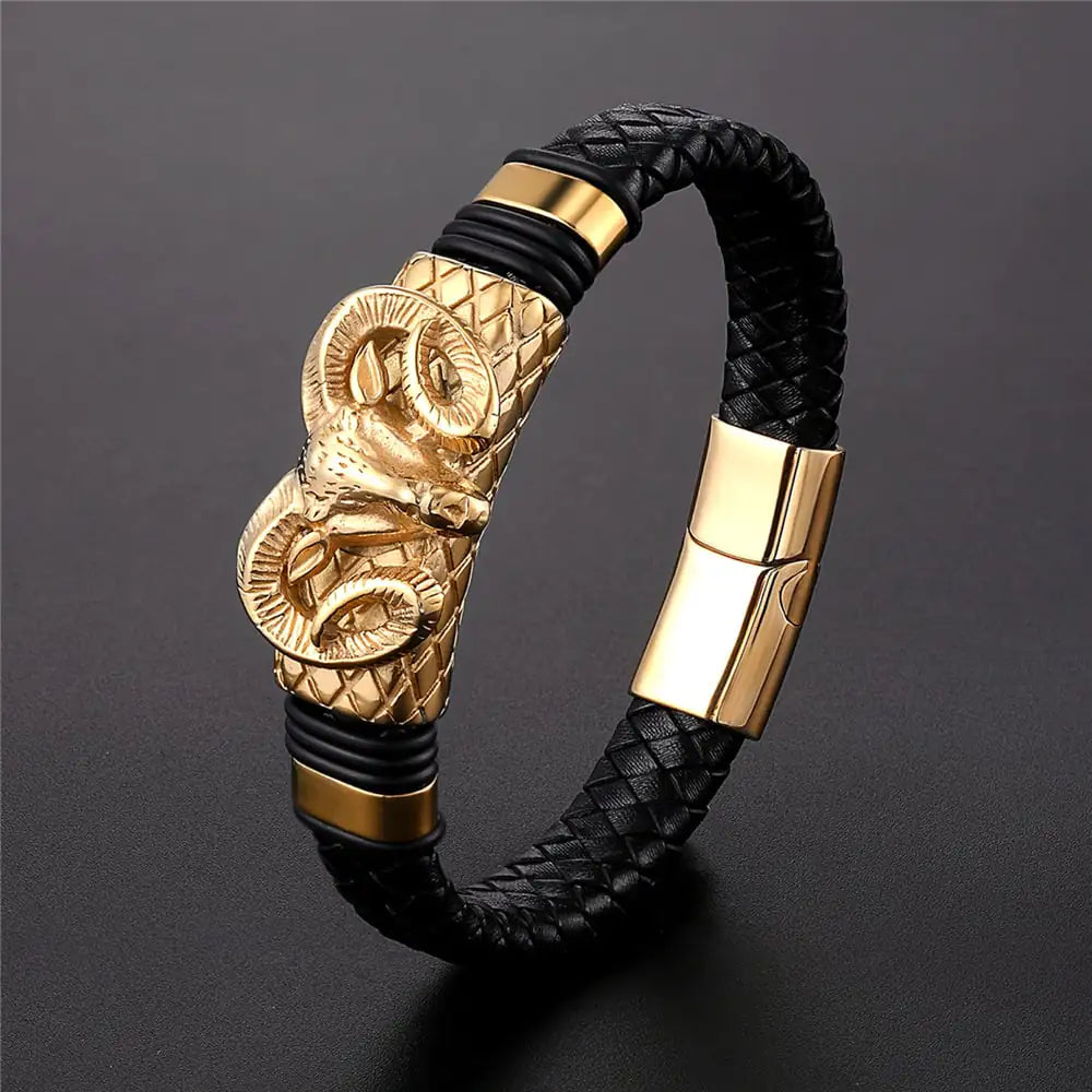 Men’s Constellation Stainless Steel Leather Bracelet – Luxury Zodiac Design