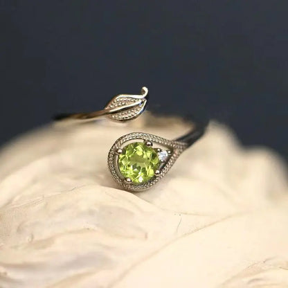 Olivine Green Leaf Ring – Elegant Adjustable Nature Jewelry