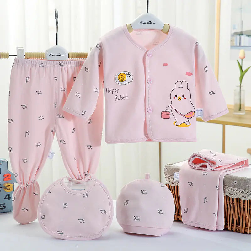 5-Piece Cotton Baby Outfit Set – Newborn Pajamas, Hat & Accessories (Pink)